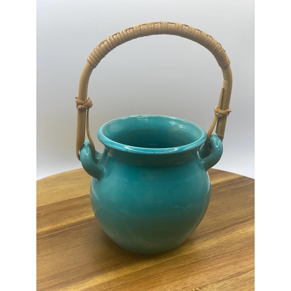 Vintage Stamped Handmade Swedish Teal Glazed Small Clay Pot with Wicker Handle - Picture 8 of 9